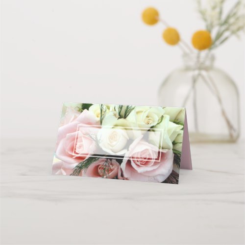 Pink and White Roses Wedding Folded Place Card