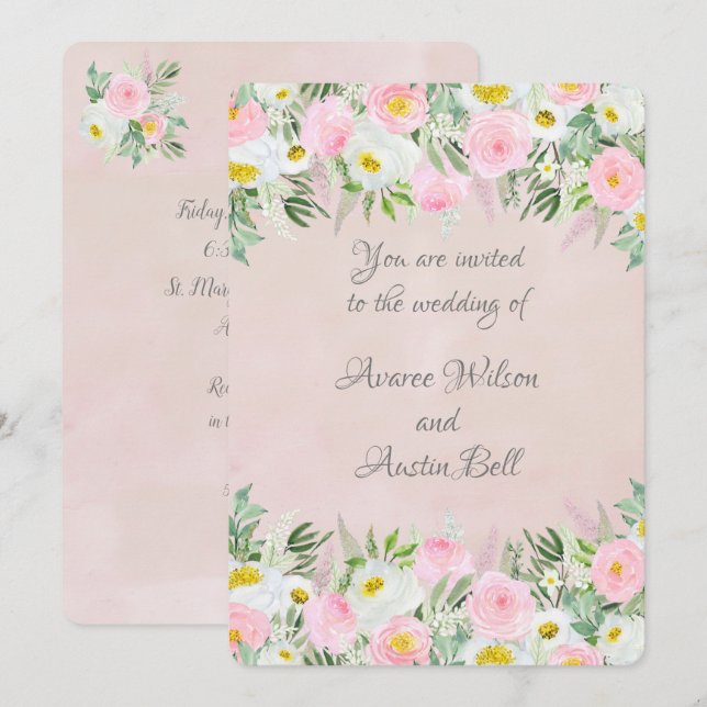 Pink and White Roses Wedding Invitation (Front/Back)