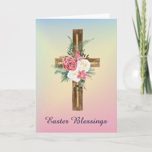 Pink and White Roses Wooden Cross Easter Card