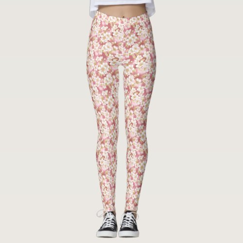 Pink and White Sakura Pattern Leggings