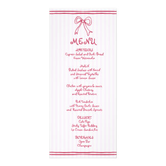 Pink and white scribble bow wedding menu card