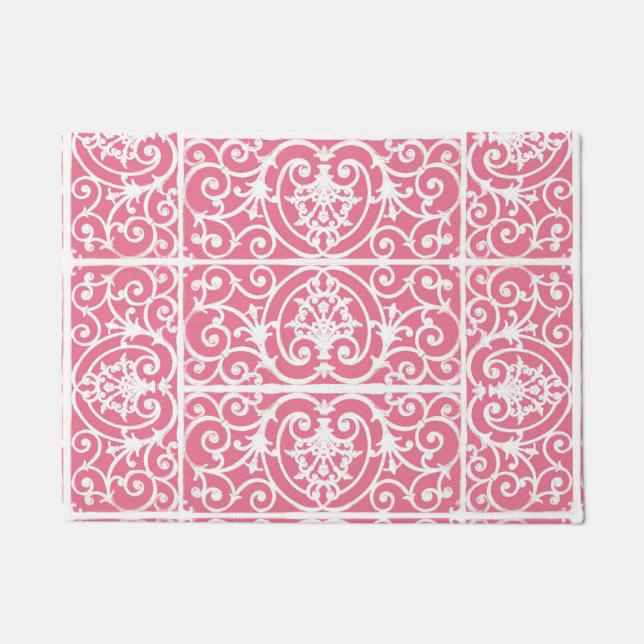Pink and white scrollwork doormat (Front)