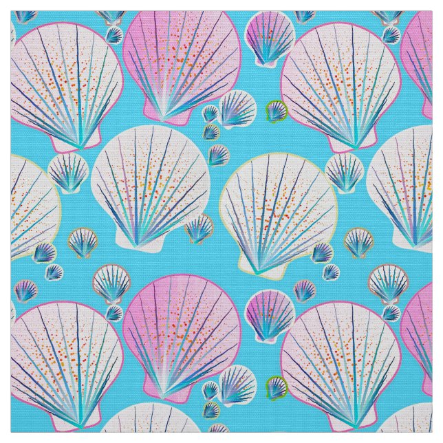 Pink and white sea shells on turquoise fabric (Swatch)