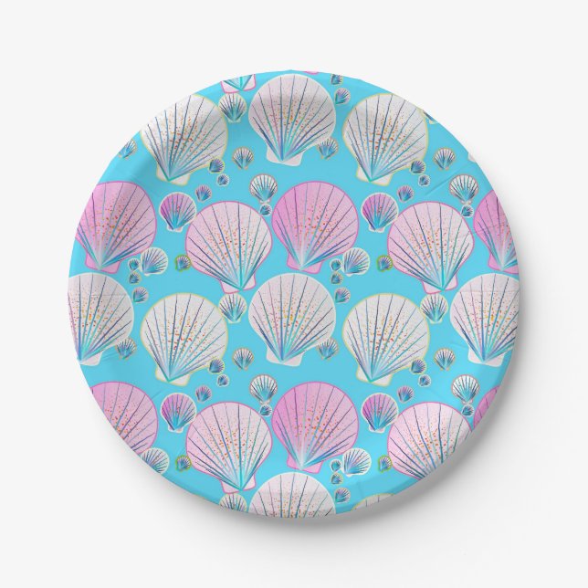 Pink and white sea shells on turquoise paper plates (Front)