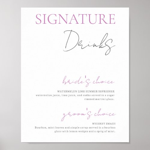 Pink and White Signature Drinks Wedding Bar Poster