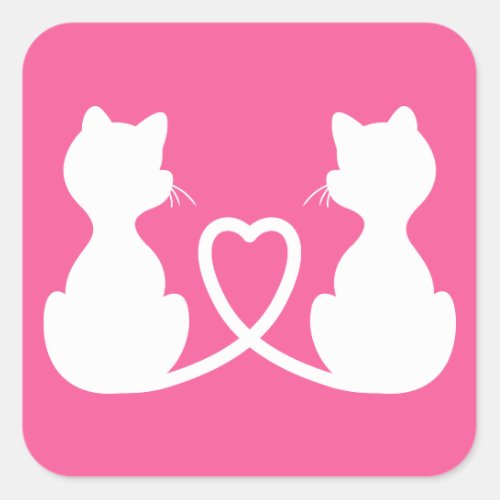 Pink And White Silhouette Of Two Cats In Love Square Sticker