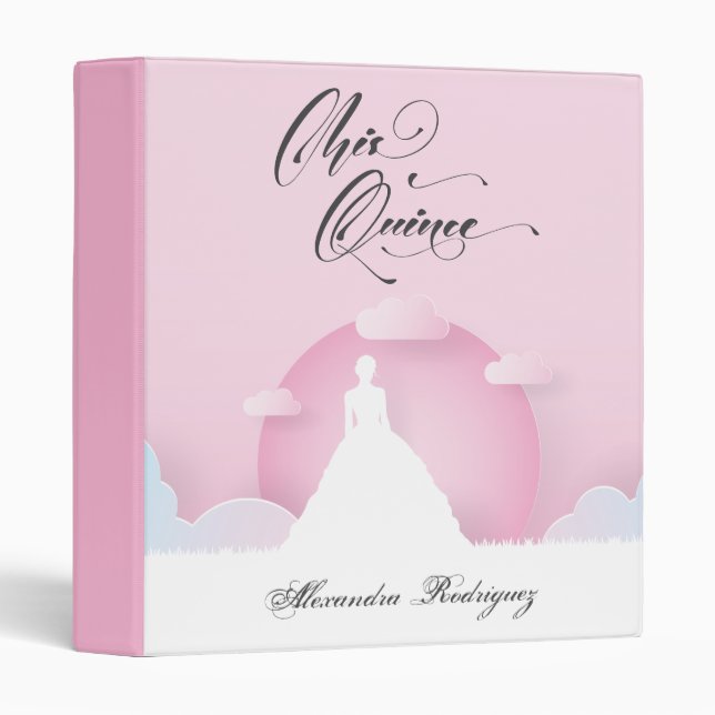 Pink and White Silhouette with Moon Quinceanera 3 Ring Binder (Front/Spine)