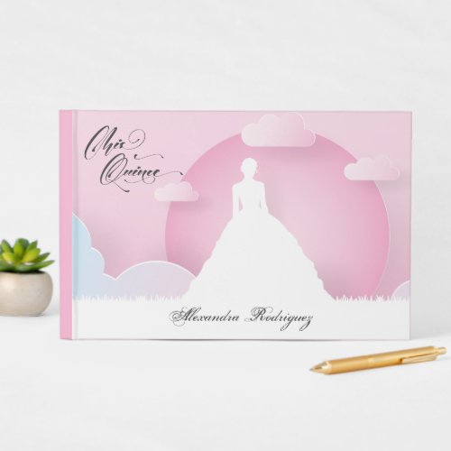 Pink and White Silhouette with Moon Quinceanera Guest Book