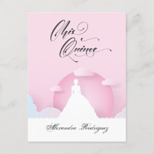 Pink and White Silhouette with Moon Quinceanera Invitation Postcard