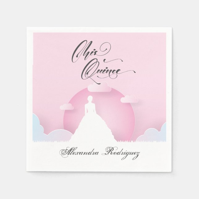 Pink and White Silhouette with Moon Quinceanera Napkins (Front)
