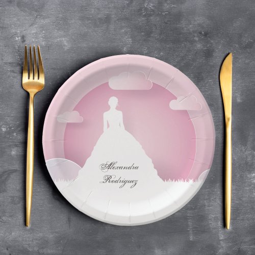 Pink and White Silhouette with Moon Quinceanera Paper Plates