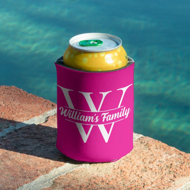 Pink and White | Simple Family Name Monogram  Can Cooler (In Situ Pool)