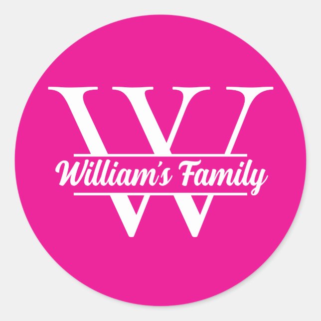 Pink and White | Simple Family Name Monogram  Classic Round Sticker (Front)