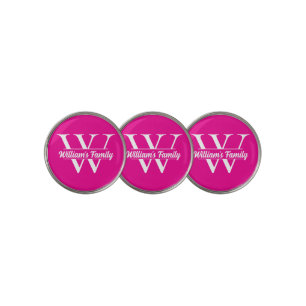 Pink and White Simple Family Name Monogram Golf Ball Marker