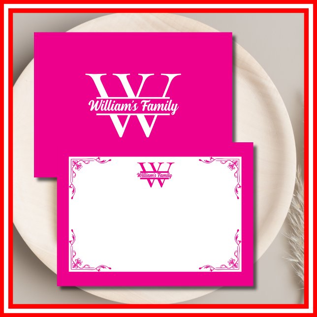 Pink and White | Simple Family Name Monogram Note Card (Creator Uploaded)