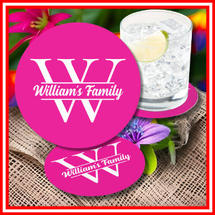 Pink and White Simple Family Name Monogram Round Paper Coaster