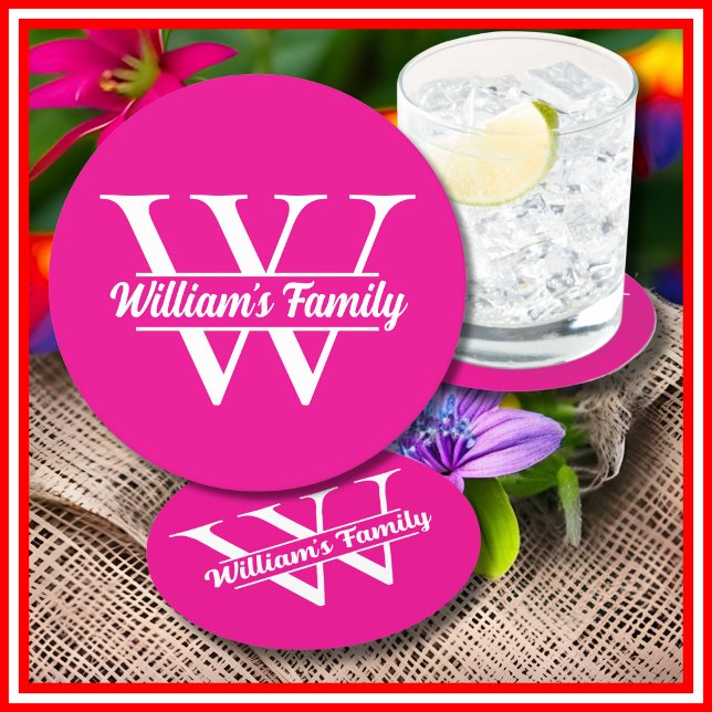 Pink and White | Simple Family Name Monogram  Round Paper Coaster (Creator Uploaded)