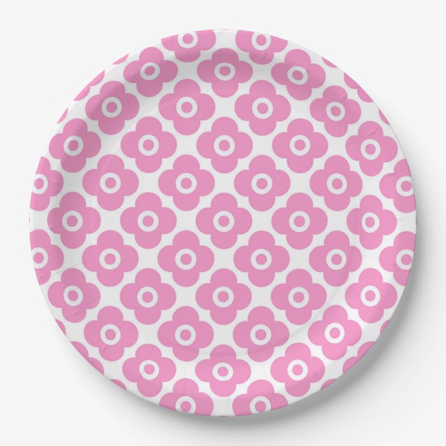 Pink and white simple floral pattern paper plates (Front)