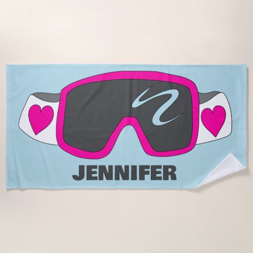 Pink and White Ski Goggles Personalized Beach Towel