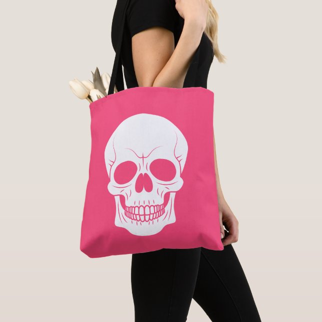 Pink And White Skull Head Spooky Halloween Tote Bag (Close Up)