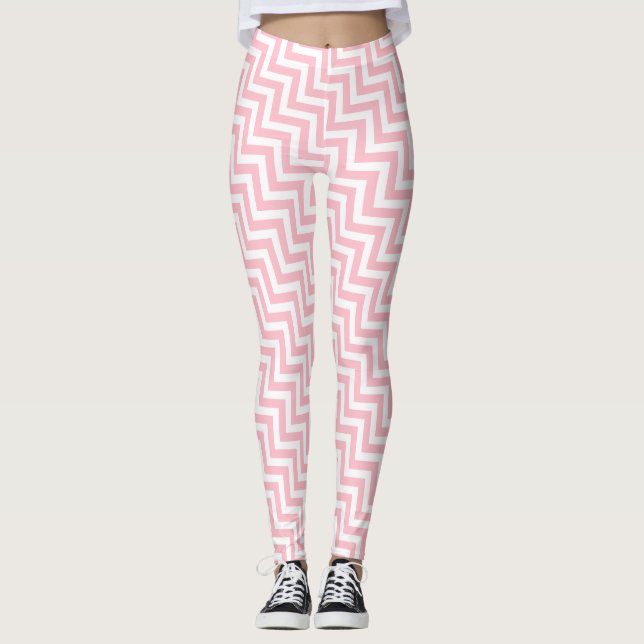 Pink and White Small Size Diagonal Chevron Leggings (Front)