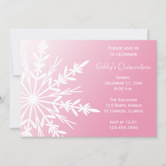 Pink and White Snowflake Winter Quinceañera Invite