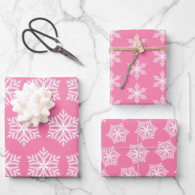 Pink and White Snowflakes Pattern Christmas Wrapping Paper Sheets (Front)
