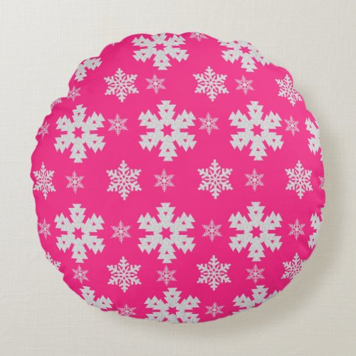 Pink and White Snowflakes Round Throw Pillow