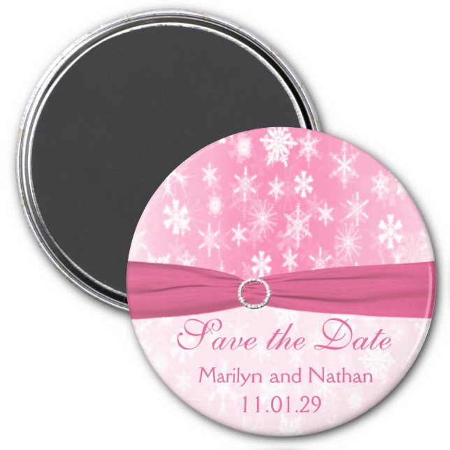 Pink and White Snowflakes Save the Date Magnet (Front)