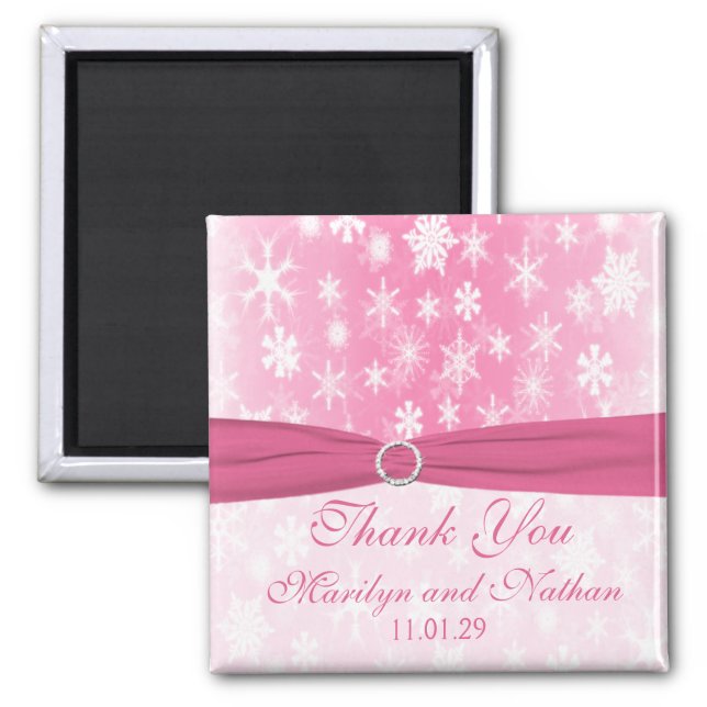 Pink and White Snowflakes Wedding Favor Magnet (Front)