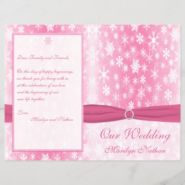 Pink and White Snowflakes Wedding Program (Front)