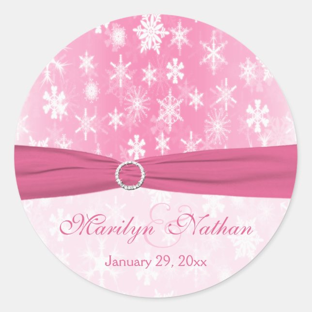 Pink and White Snowflakes Wedding Sticker (Front)