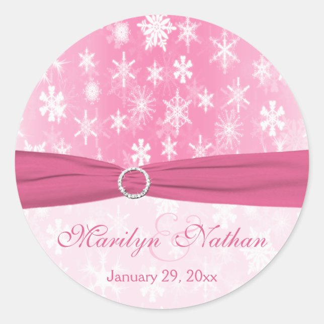 Pink and White Snowflakes Wedding Sticker (Front)