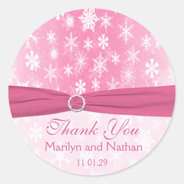 Pink and White Snowflakes Wedding Sticker (Front)
