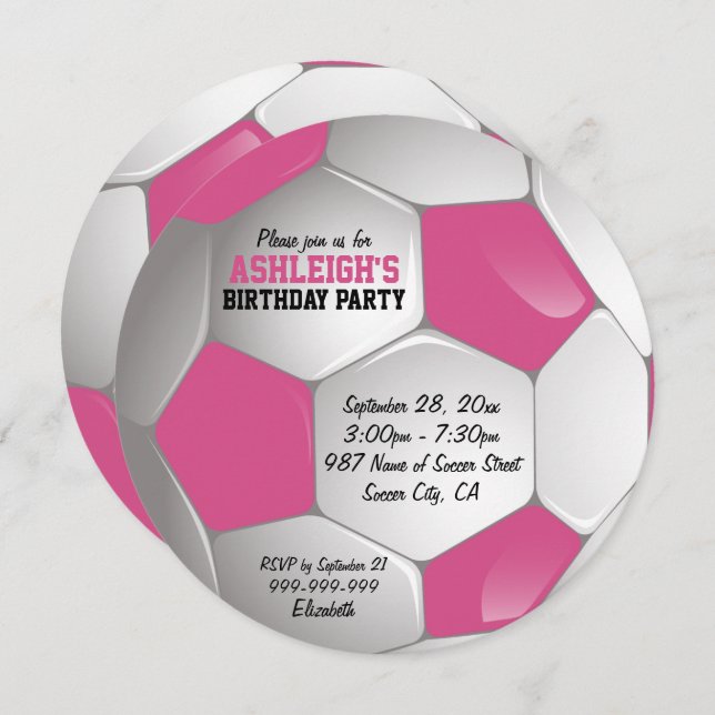 Pink and White Soccer Ball Birthday Party Invitation (Front/Back)