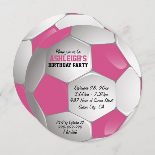 Pink and White Soccer Ball Birthday Party Invitation