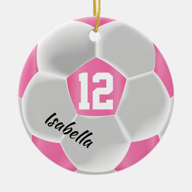 Pink and White ⚽ Soccer Ball Ceramic Ornament (Front)