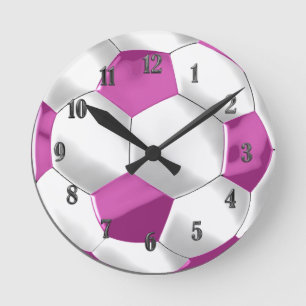 Pink and White Soccer Ball Round Clock