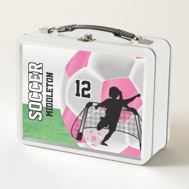 Pink and White Soccer Ball - Soccer Girl Metal Lunch Box (Front)