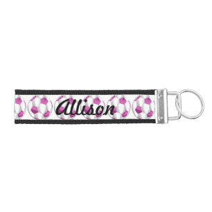 Pink and White Soccer Balls with Name Wrist Keychain