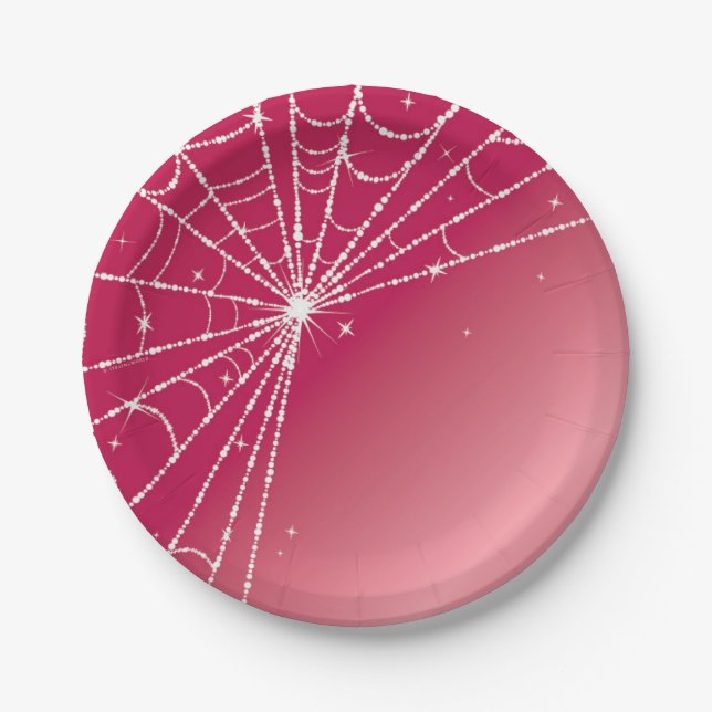 Pink and White Sparkling Diamond Spider Web Paper Plates (Front)