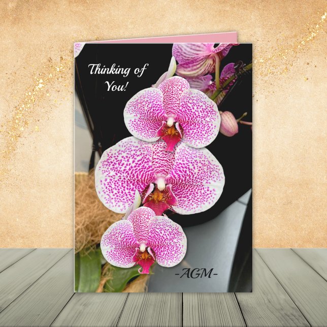Pink and White Speckled Orchids, Note Cards (Optional:  Edit/change "Thinking of You!" and edit initials, or remove.)
