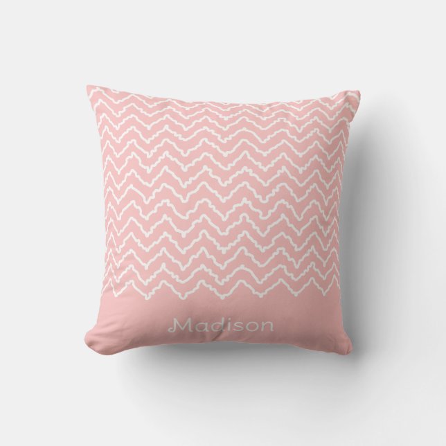 Pink And White Squiggly Chevron Zigzag And Name Throw Pillow (Front)