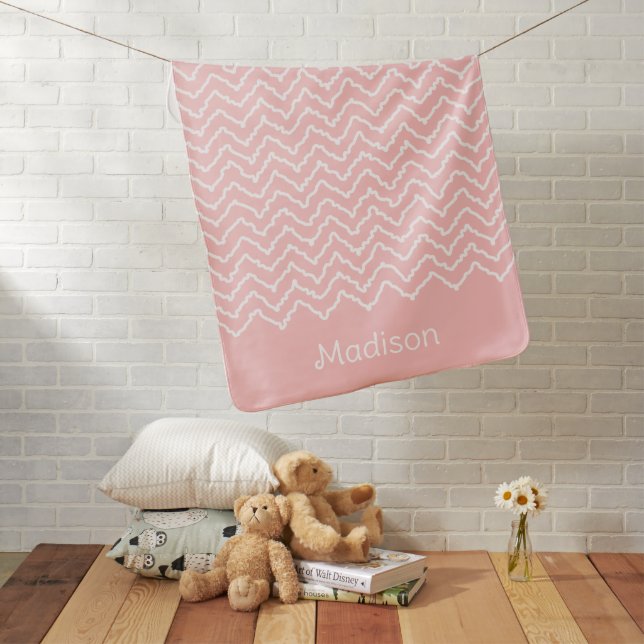 Pink And White Squiggly Chevron Zigzag With Name Baby Blanket (In Situ)