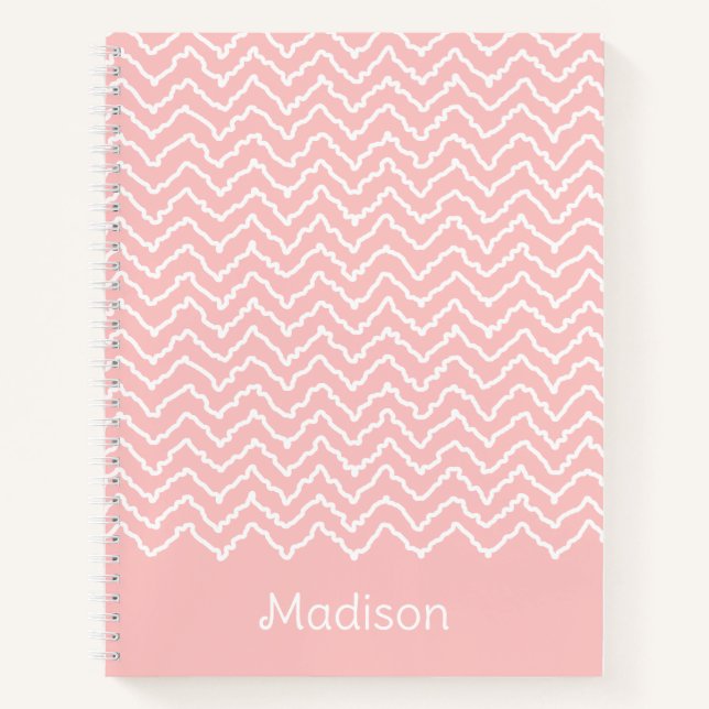 Pink And White Squiggly Chevron Zigzag With Name Notebook (Front)