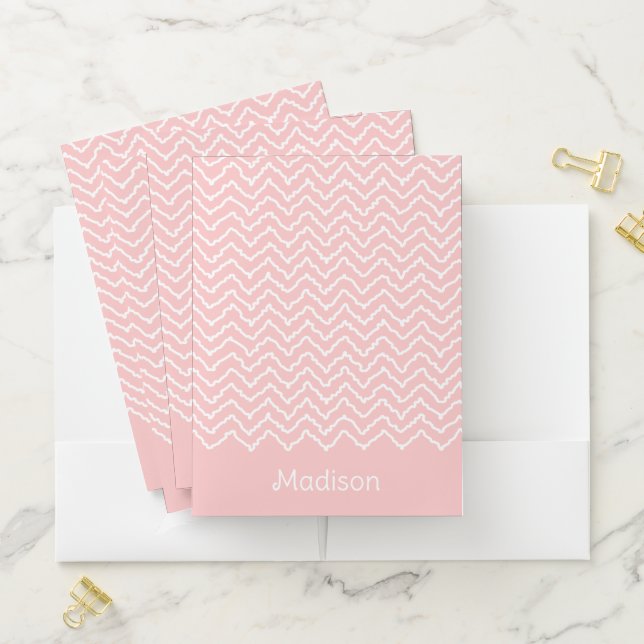 Pink And White Squiggly Chevron Zigzag With Name Pocket Folder (In Situ)