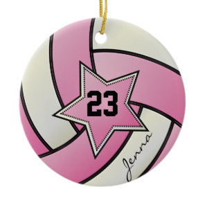Pink and White Star Volleyball Ceramic Ornament