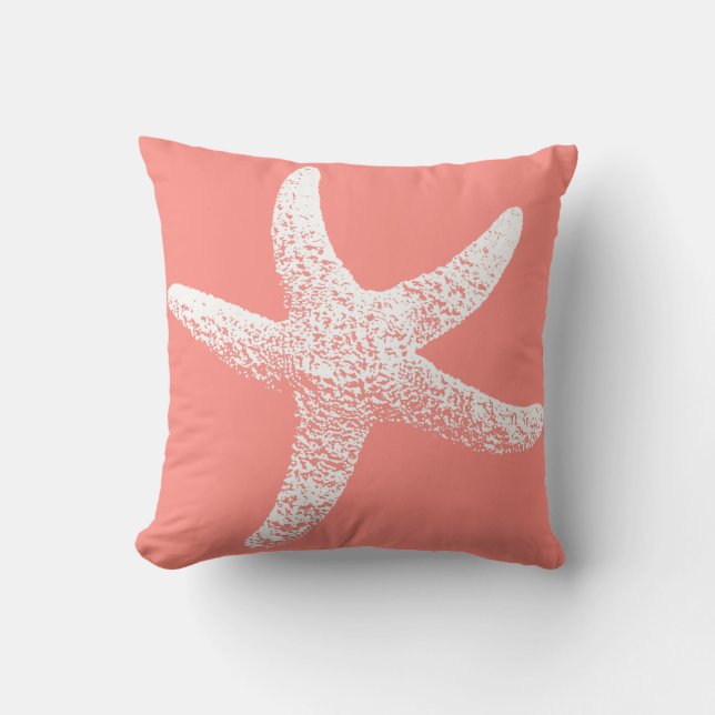 Pink and White Starfish Outdoor Throw Pillow (Front)