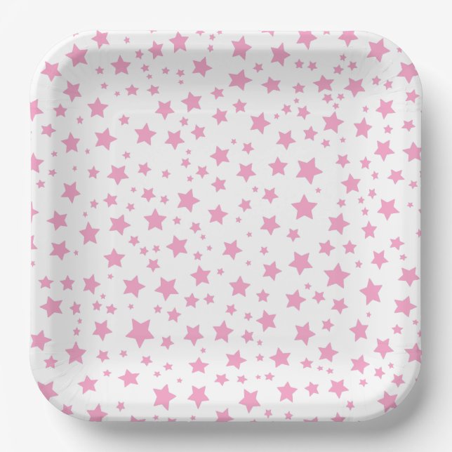 Pink and White Stars Whimsical Celestial Party Paper Plates (Front)