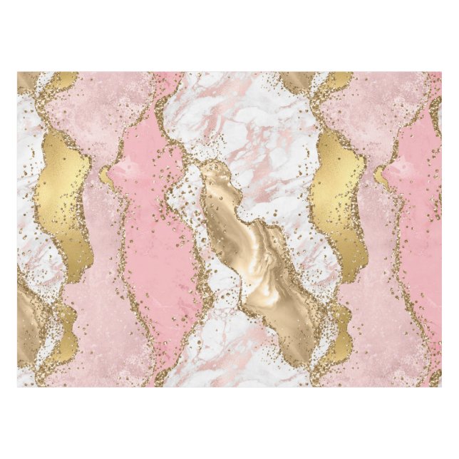 Pink and White Stone with Gold Glitter Agate Tablecloth (Front (Horizontal))